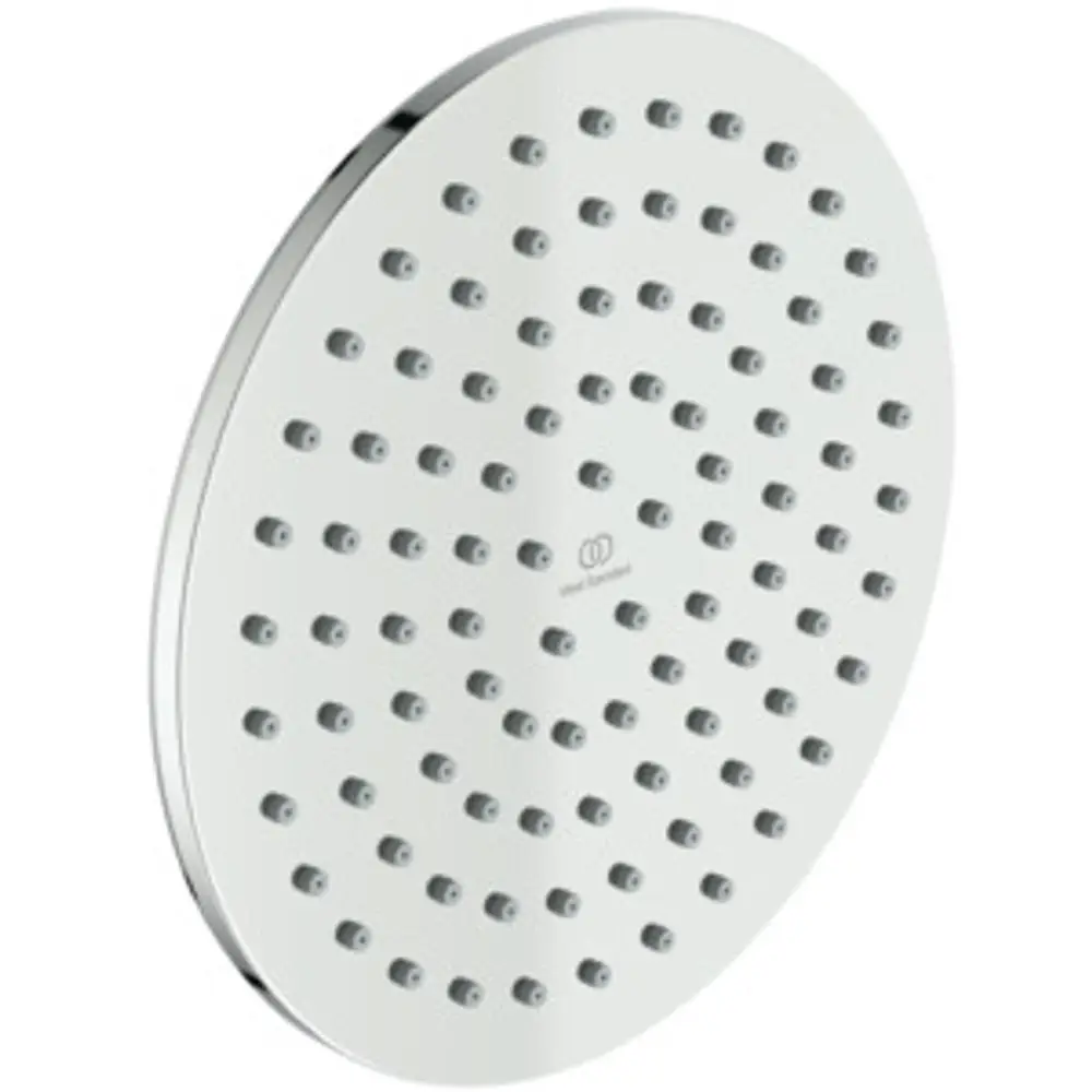 Runde Kopfbrause mit gleichmäßiger Wasserverteilung, hergestellt von Ideal Standard. Oberfläche in glänzendem Chrom mit vielen Düsen zur Wasserabgabe.